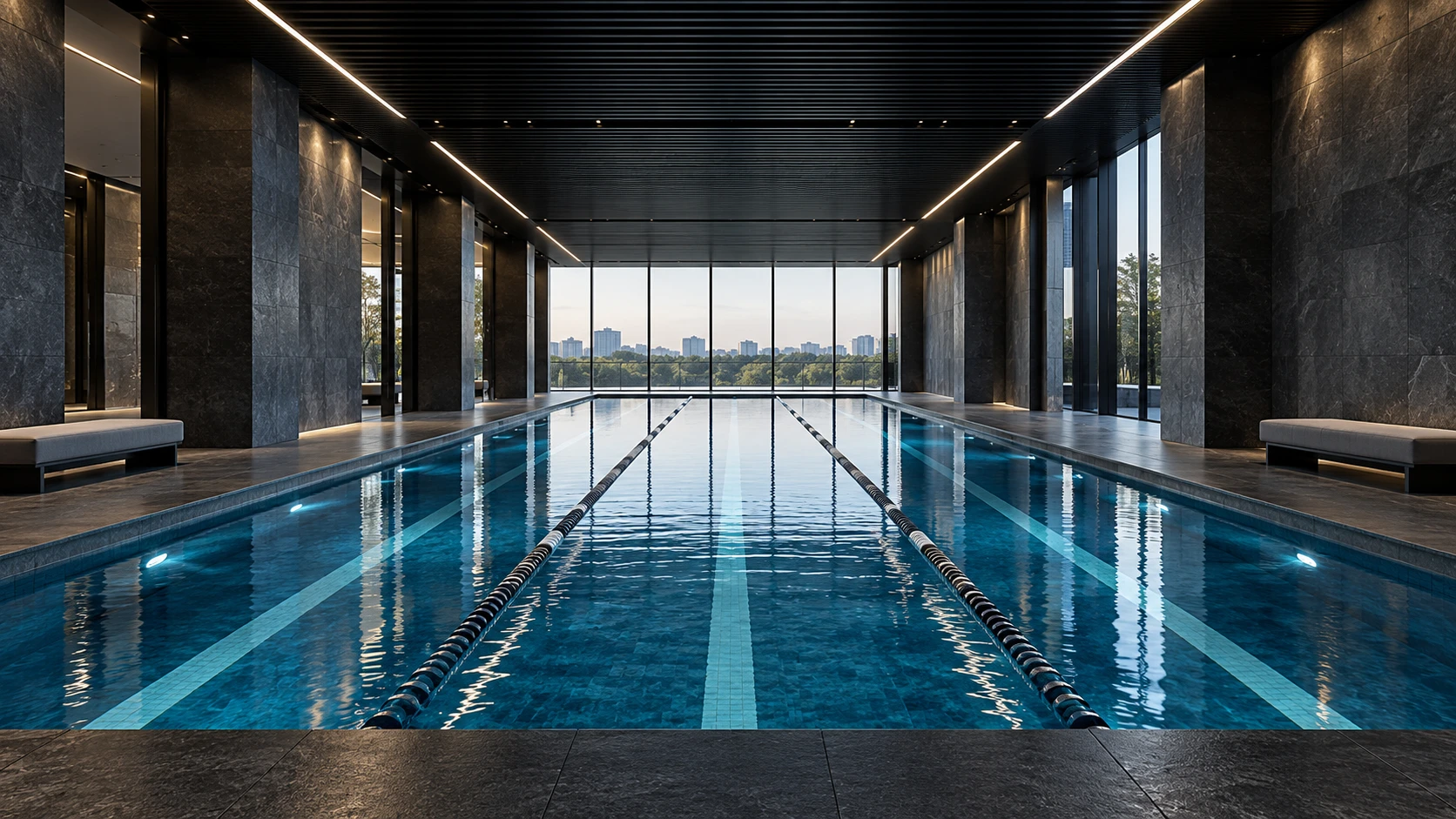 AI-generated indoor fitness club pool design concept